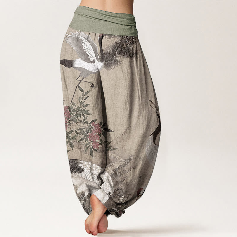 Buddha Stones Baumwoll-Freizeithose mit Rotkronenkranich-, Kiefern- und Bergmotiven, elastischem Bund für Damen - image 1