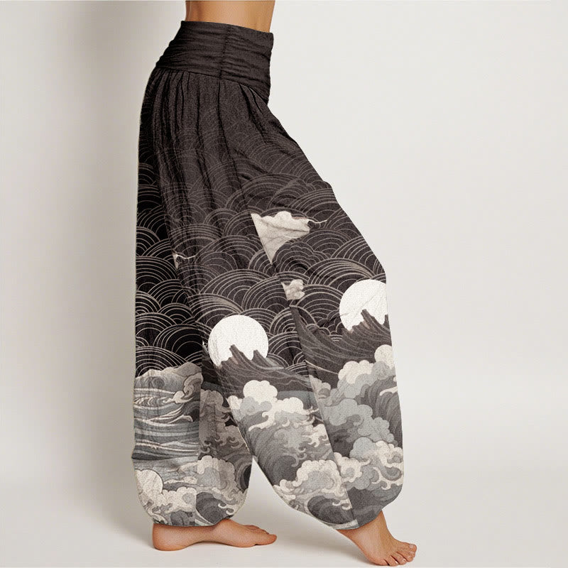 Lässige Haremshose aus Baumwolle mit Buddha Stones , Wellen-, Mond- und Bergmotiven, elastischem Bund für Damen - image 2