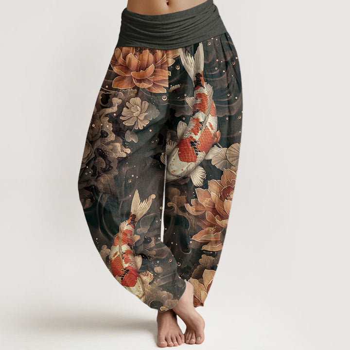 Baumwoll-Haremshose mit Buddha Stones , buntem Koi-Fisch- und Lotusblumenmuster sowie elastischem Bund für Damen - Bräunen - US22, UK/AU26, EU54 (6XL) - image 4