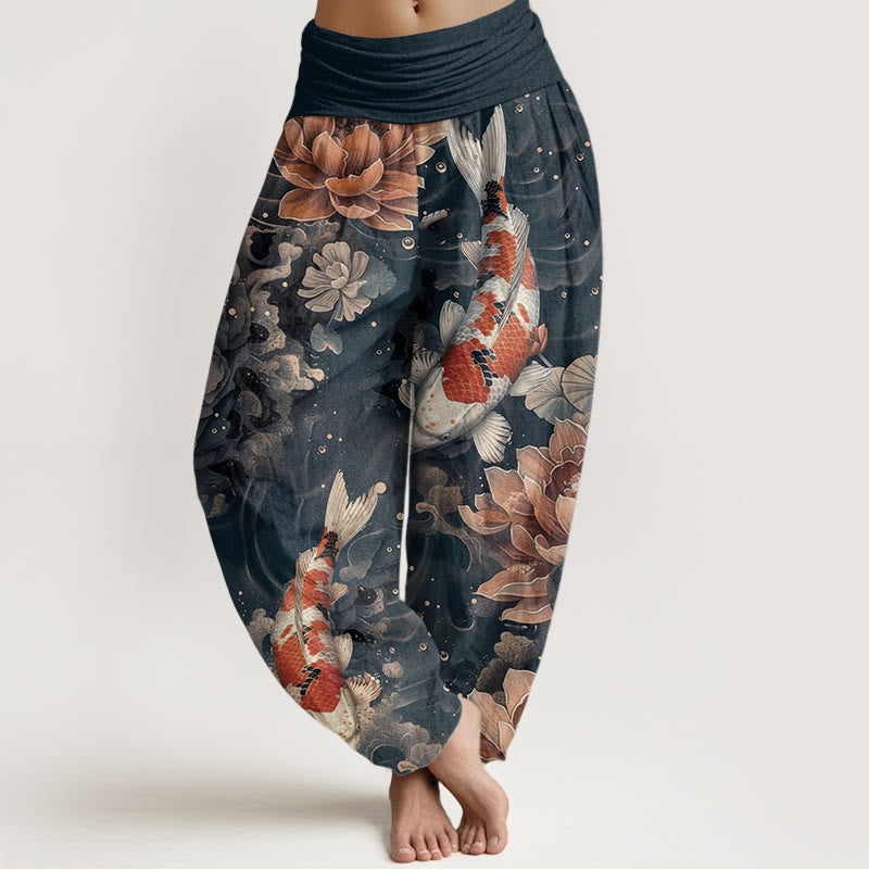 Baumwoll-Haremshose mit Buddha Stones , buntem Koi-Fisch- und Lotusblumenmuster sowie elastischem Bund für Damen - Grau - US22, UK/AU26, EU54 (6XL) - image 7