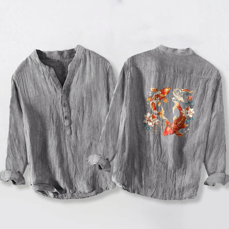 Herren-Langarmhemd aus Baumwoll-Leinen mit Buddha Stones, hellem Koi-Fisch-Lotus-Muster und halben Knöpfen. - image 2