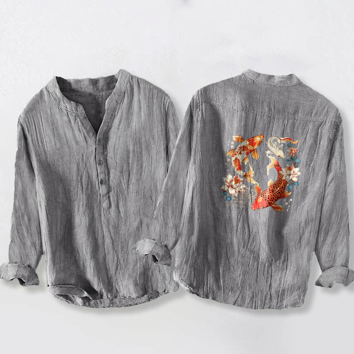 Herren-Langarmhemd aus Baumwoll-Leinen mit Buddha Stones, hellem Koi-Fisch-Lotus-Muster und halben Knöpfen. - image 2