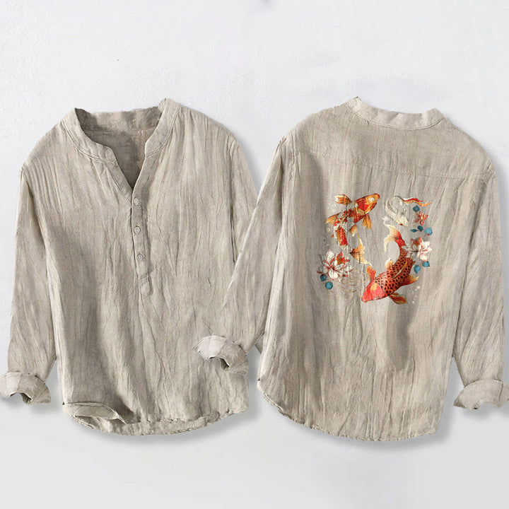 Herren-Langarmhemd aus Baumwoll-Leinen mit Buddha Stones, hellem Koi-Fisch-Lotus-Muster und halben Knöpfen. - image 5