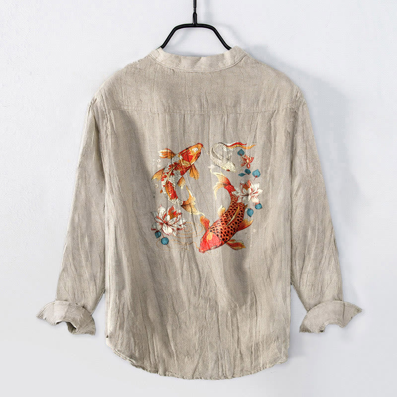 Herren-Langarmhemd aus Baumwoll-Leinen mit Buddha Stones, hellem Koi-Fisch-Lotus-Muster und halben Knöpfen. - Leinen - US/ UK/AU50, EU60 (5XL) - image 3