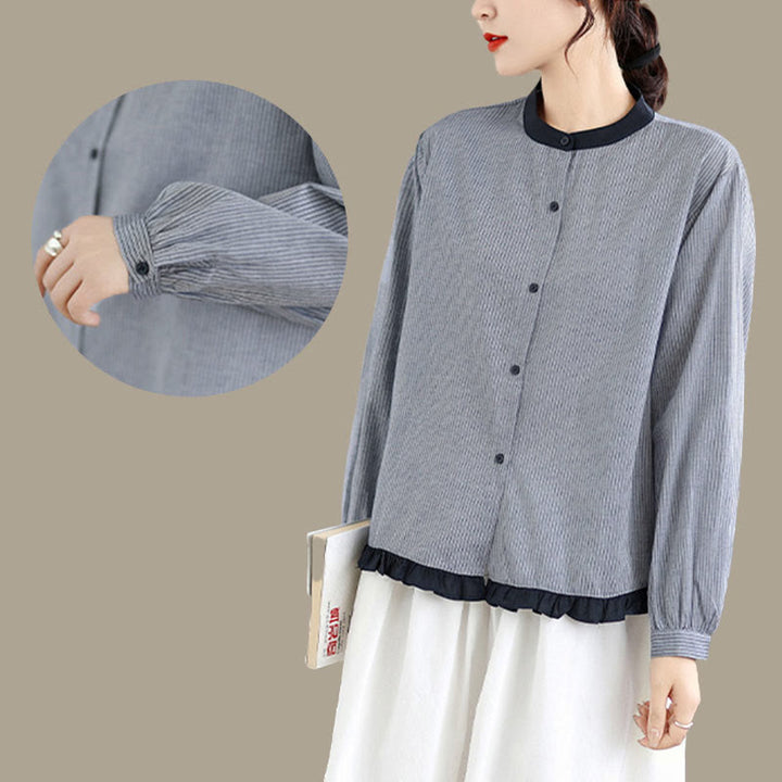 Buddha Stones Herbstkaro-Streifenmuster Rüschensaum Knöpfe Damen Baumwoll-Langarmshirt - image 14