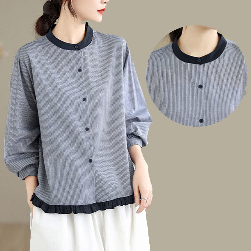 Buddha Stones Herbstkaro-Streifenmuster Rüschensaum Knöpfe Damen Baumwoll-Langarmshirt - image 13