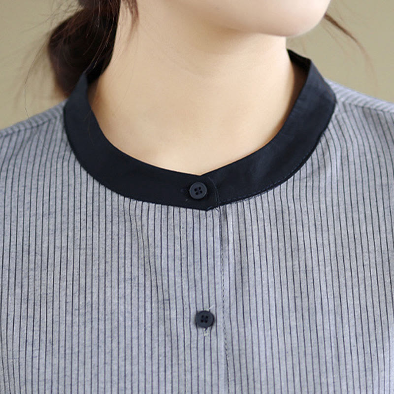 Buddha Stones Herbstkaro-Streifenmuster Rüschensaum Knöpfe Damen Baumwoll-Langarmshirt - image 16