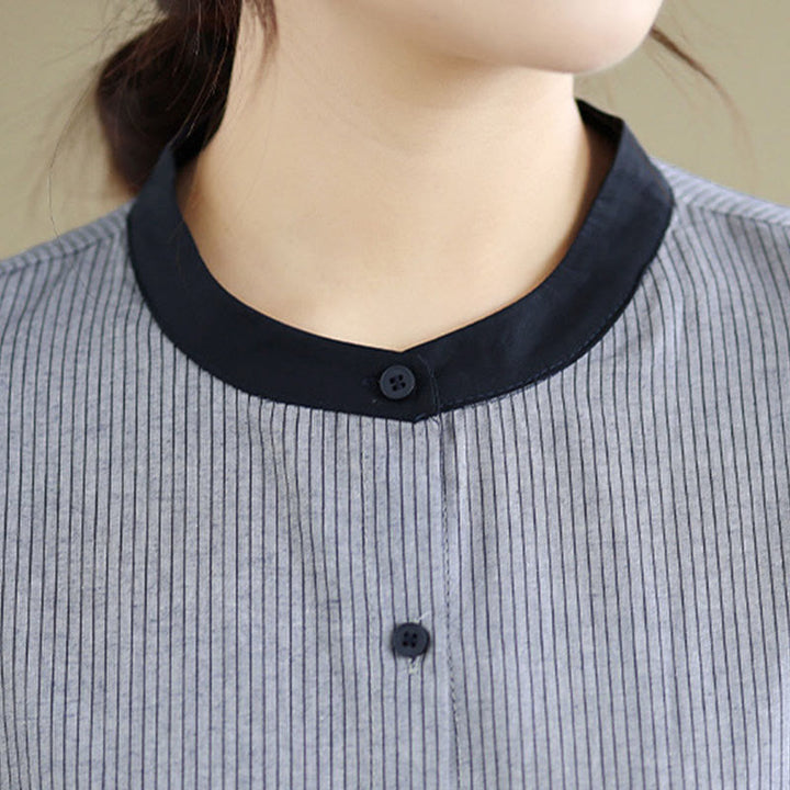 Buddha Stones Herbstkaro-Streifenmuster Rüschensaum Knöpfe Damen Baumwoll-Langarmshirt - image 16