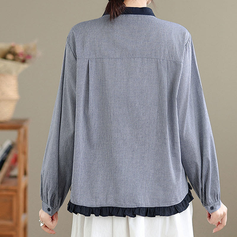 Buddha Stones Herbstkaro-Streifenmuster Rüschensaum Knöpfe Damen Baumwoll-Langarmshirt - image 11