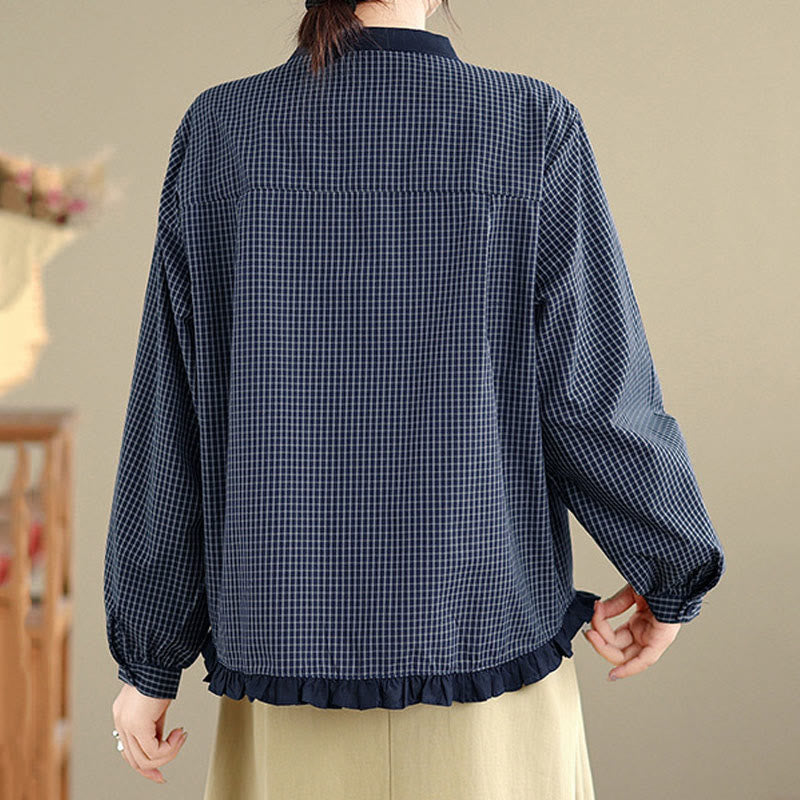 Buddha Stones Herbstkaro-Streifenmuster Rüschensaum Knöpfe Damen Baumwoll-Langarmshirt - image 4