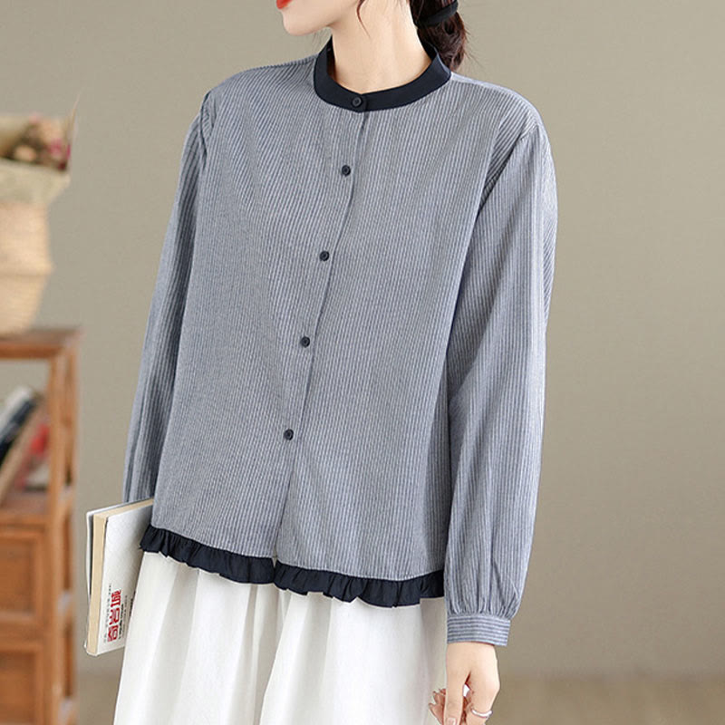 Buddha Stones Herbstkaro-Streifenmuster Rüschensaum Knöpfe Damen Baumwoll-Langarmshirt - image 8