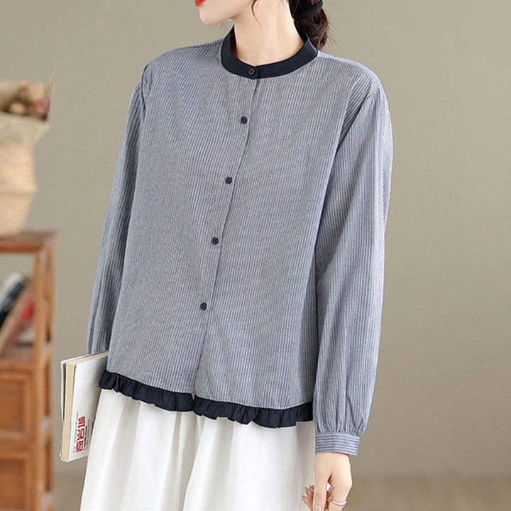 Buddha Stones Herbstkaro-Streifenmuster Rüschensaum Knöpfe Damen Baumwoll-Langarmshirt - image 8