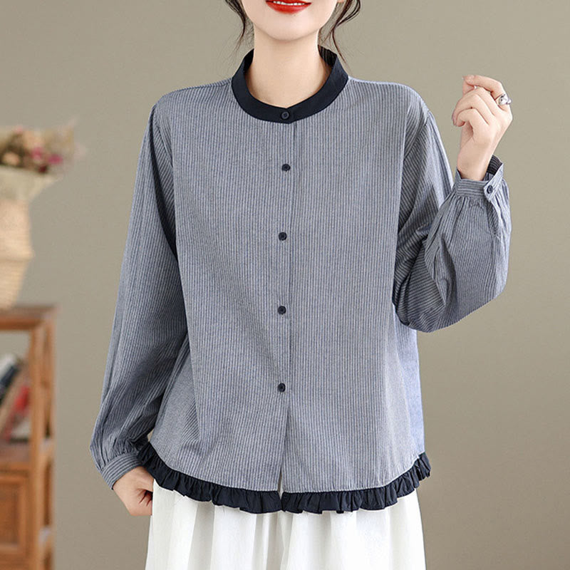 Buddha Stones Herbstkaro-Streifenmuster Rüschensaum Knöpfe Damen Baumwoll-Langarmshirt - image 9
