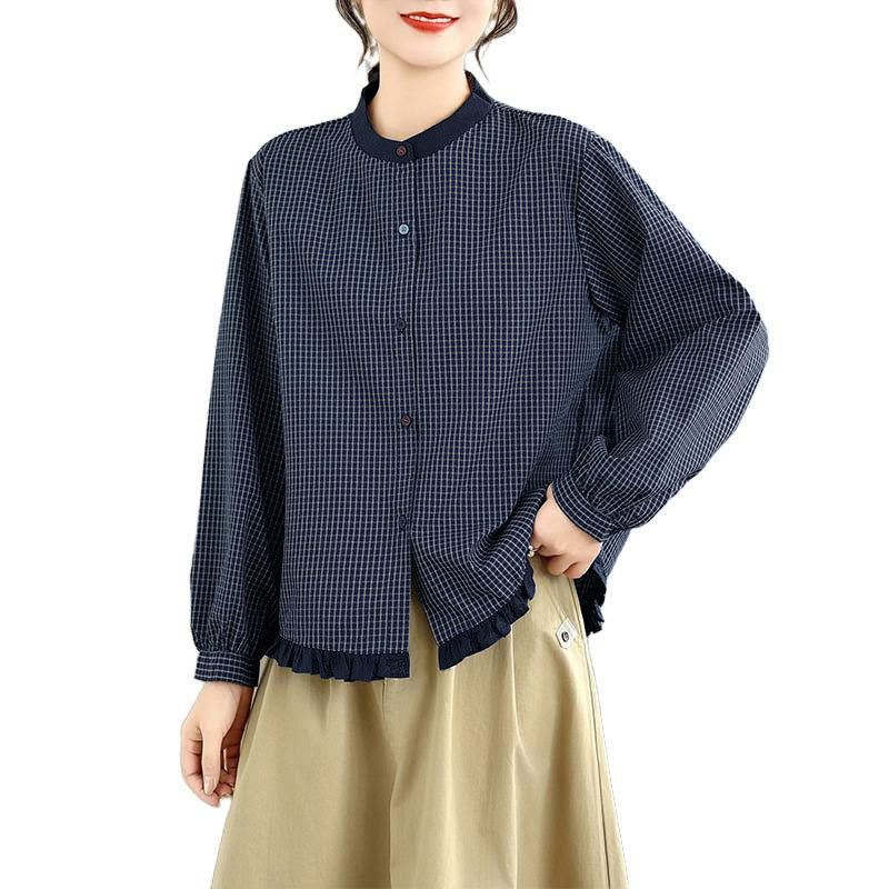 Buddha Stones Herbstkaro-Streifenmuster Rüschensaum Knöpfe Damen Baumwoll-Langarmshirt - image 6