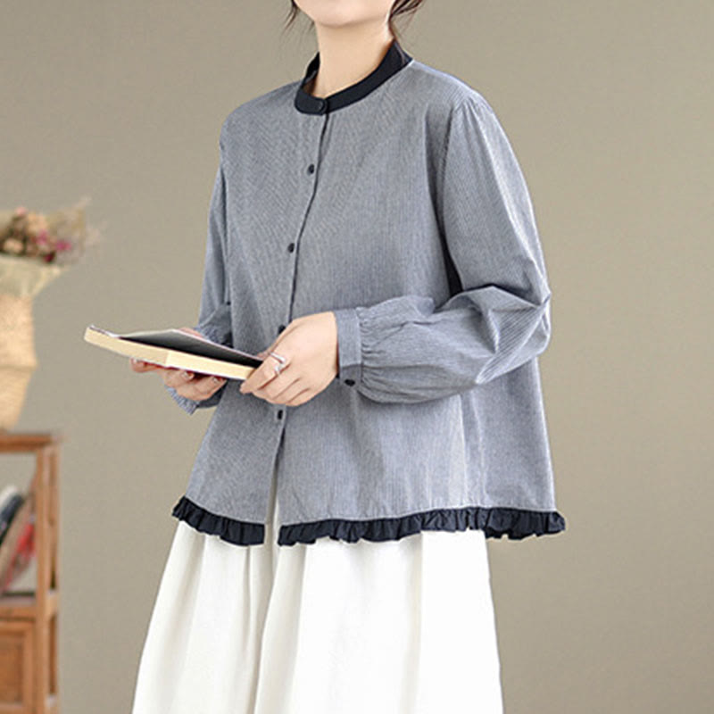 Buddha Stones Herbstkaro-Streifenmuster Rüschensaum Knöpfe Damen Baumwoll-Langarmshirt - image 12