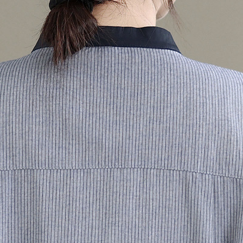 Buddha Stones Herbstkaro-Streifenmuster Rüschensaum Knöpfe Damen Baumwoll-Langarmshirt - image 17