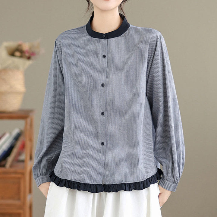 Buddha Stones Herbstkaro-Streifenmuster Rüschensaum Knöpfe Damen Baumwoll-Langarmshirt - image 10