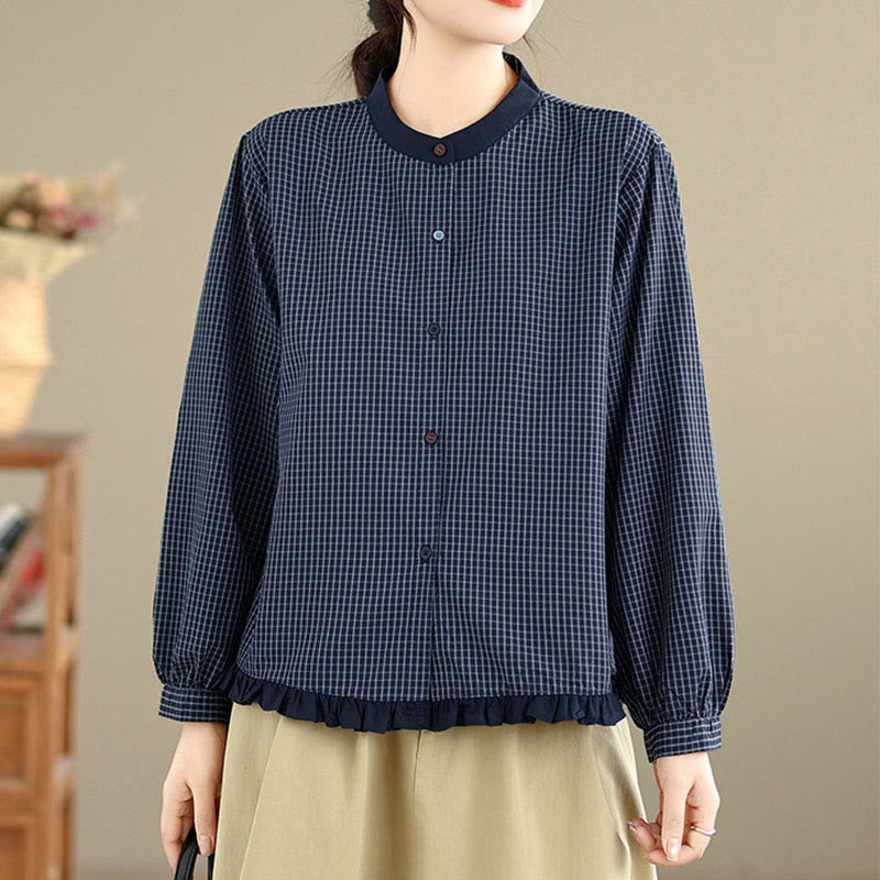 Buddha Stones Herbstkaro-Streifenmuster Rüschensaum Knöpfe Damen Baumwoll-Langarmshirt - image 3