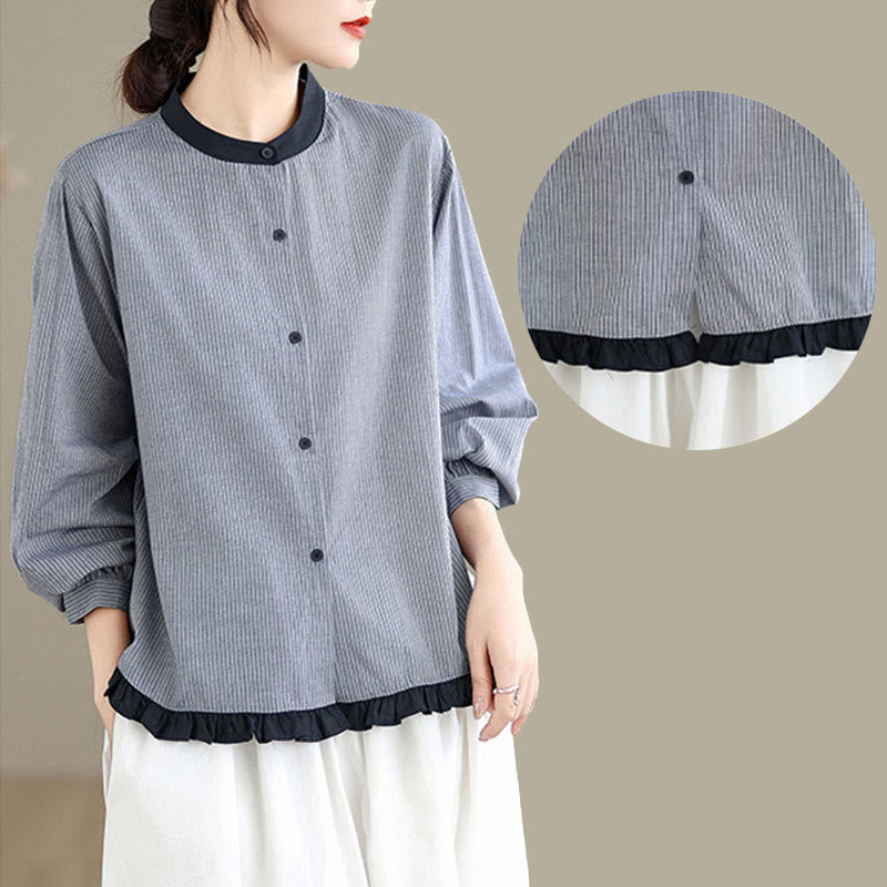 Buddha Stones Herbstkaro-Streifenmuster Rüschensaum Knöpfe Damen Baumwoll-Langarmshirt - image 15