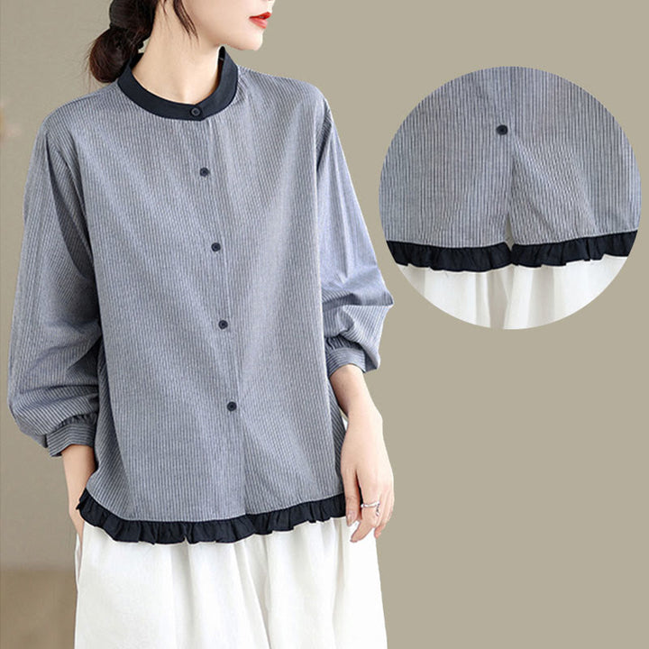 Buddha Stones Herbstkaro-Streifenmuster Rüschensaum Knöpfe Damen Baumwoll-Langarmshirt - image 15