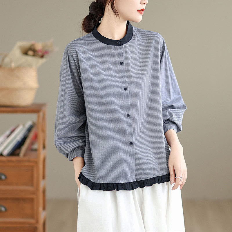 Buddha Stones Herbstkaro-Streifenmuster Rüschensaum Knöpfe Damen Baumwoll-Langarmshirt - Silber gestreift - US 8-10, UK/AU 12-14, EU 40-42 (2XL) - image 7