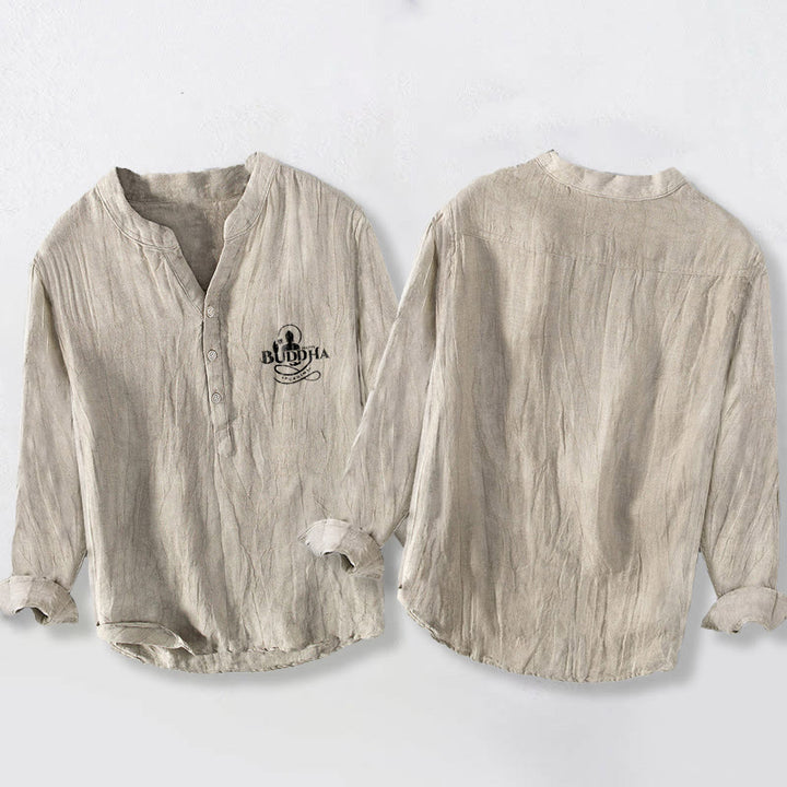 Buddha Stones, Buddha-Bild, Lotus-Schriftzug, halbe Knöpfe, Herren-Langarmhemd aus Baumwoll-Leinen-Mischgewebe - image 2