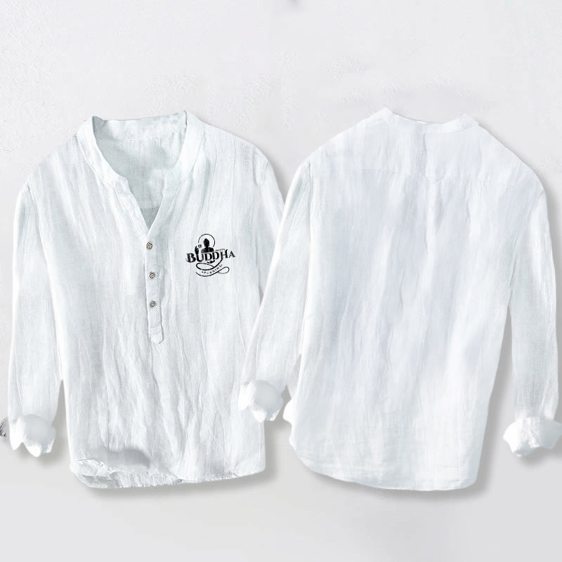 Buddha Stones, Buddha-Bild, Lotus-Schriftzug, halbe Knöpfe, Herren-Langarmhemd aus Baumwoll-Leinen-Mischgewebe - image 5