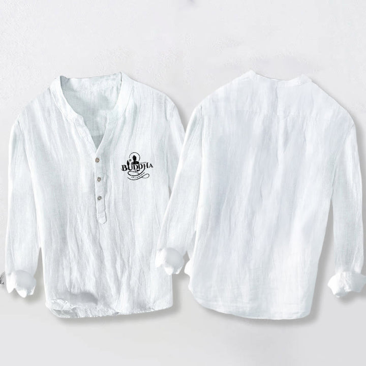 Buddha Stones, Buddha-Bild, Lotus-Schriftzug, halbe Knöpfe, Herren-Langarmhemd aus Baumwoll-Leinen-Mischgewebe - image 5
