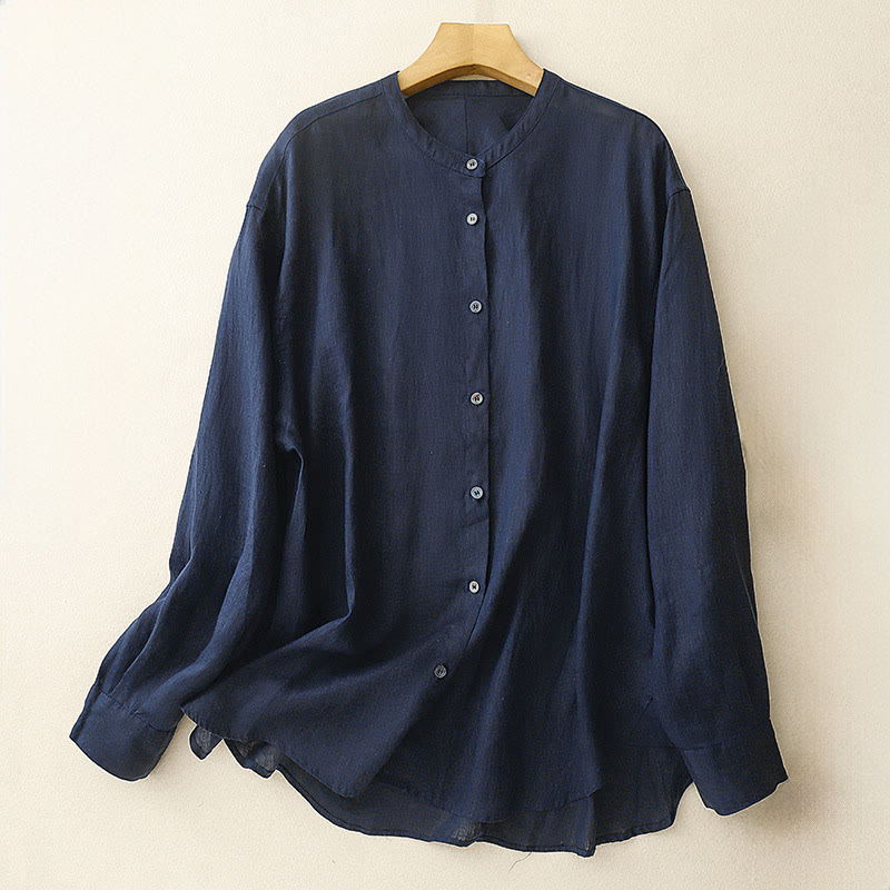 Buddha Stones, einfarbiges Langarmshirt aus Baumwolle mit Rundhalsausschnitt und Knöpfen, Damenhemd - Mitternachtsblau - US 8-10, UK/AU 12-14, EU 40-42 (2XL) - image 0