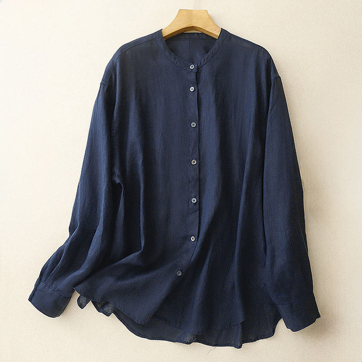 Buddha Stones, einfarbiges Langarmshirt aus Baumwolle mit Rundhalsausschnitt und Knöpfen, Damenhemd - Mitternachtsblau - US 8-10, UK/AU 12-14, EU 40-42 (2XL) - image 0