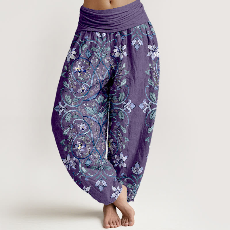 Haremshose aus Baumwolle mit Buddha Stones und symmetrischem Blumen-, Ranken- und Blättermuster sowie elastischem Bund für Damen. - DarkOrchid - US16, UK/AU20, EU48 (3XL) - image 5