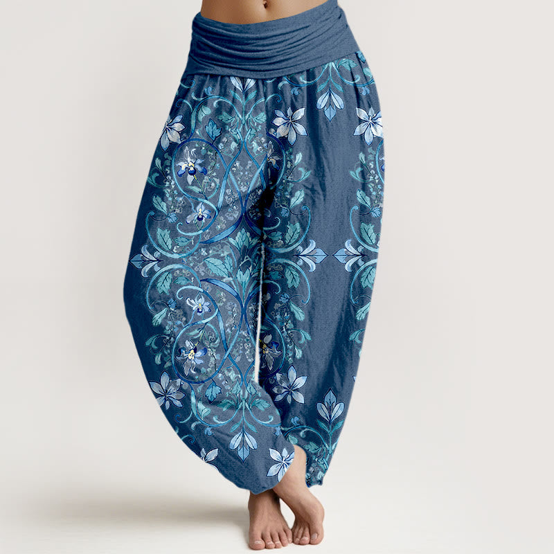 Haremshose aus Baumwolle mit Buddha Stones und symmetrischem Blumen-, Ranken- und Blättermuster sowie elastischem Bund für Damen. - Königsblau - US16, UK/AU20, EU48 (3XL) - image 8