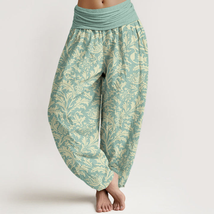 Haremshose für Damen mit Buddha Stones, Baumwollblütenknospen und gezacktem Blättermuster sowie elastischem Bund. - Türkis - US16, UK/AU20, EU48 (3XL) - image 0