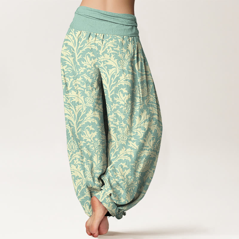 Haremshose für Damen mit Buddha Stones, Baumwollblütenknospen und gezacktem Blättermuster sowie elastischem Bund. - image 1