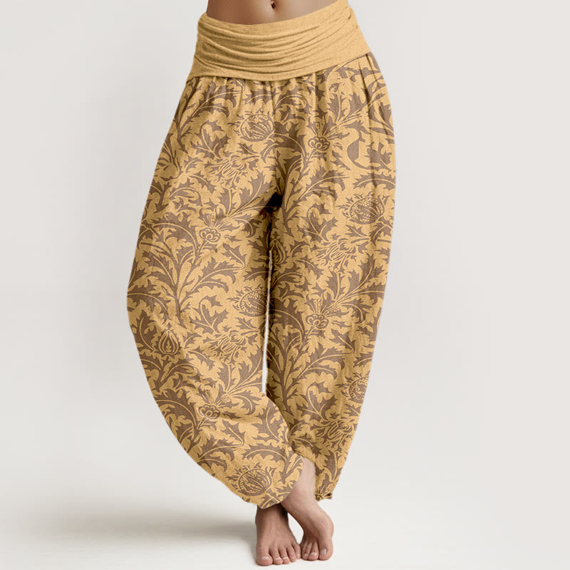 Haremshose für Damen mit Buddha Stones, Baumwollblütenknospen und gezacktem Blättermuster sowie elastischem Bund. - SandyBrown - US16, UK/AU20, EU48 (3XL) - image 5