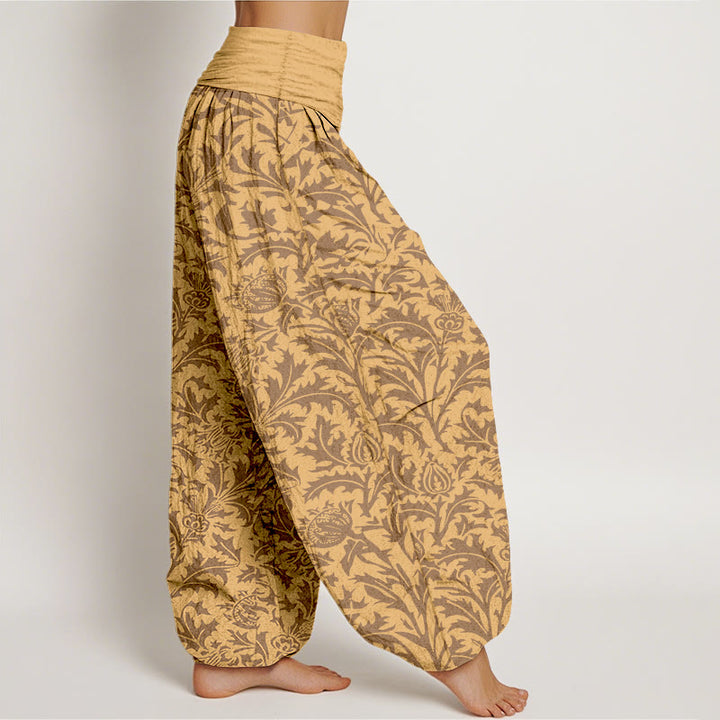 Haremshose für Damen mit Buddha Stones, Baumwollblütenknospen und gezacktem Blättermuster sowie elastischem Bund. - image 7