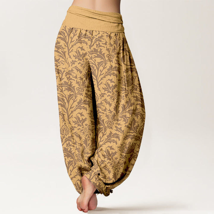 Haremshose für Damen mit Buddha Stones, Baumwollblütenknospen und gezacktem Blättermuster sowie elastischem Bund. - image 6