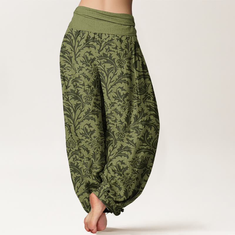 Haremshose für Damen mit Buddha Stones, Baumwollblütenknospen und gezacktem Blättermuster sowie elastischem Bund. - image 9