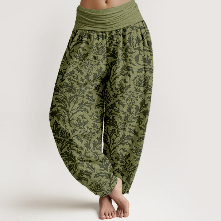 Haremshose für Damen mit Buddha Stones, Baumwollblütenknospen und gezacktem Blättermuster sowie elastischem Bund. - Dunkelolivgrün - US16, UK/AU20, EU48 (3XL) - image 8