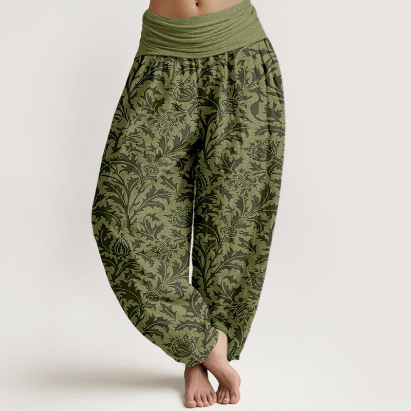 Haremshose für Damen mit Buddha Stones, Baumwollblütenknospen und gezacktem Blättermuster sowie elastischem Bund. - Dunkelolivgrün - US16, UK/AU20, EU48 (3XL) - image 8