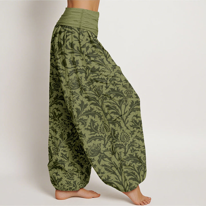 Haremshose für Damen mit Buddha Stones, Baumwollblütenknospen und gezacktem Blättermuster sowie elastischem Bund. - image 10