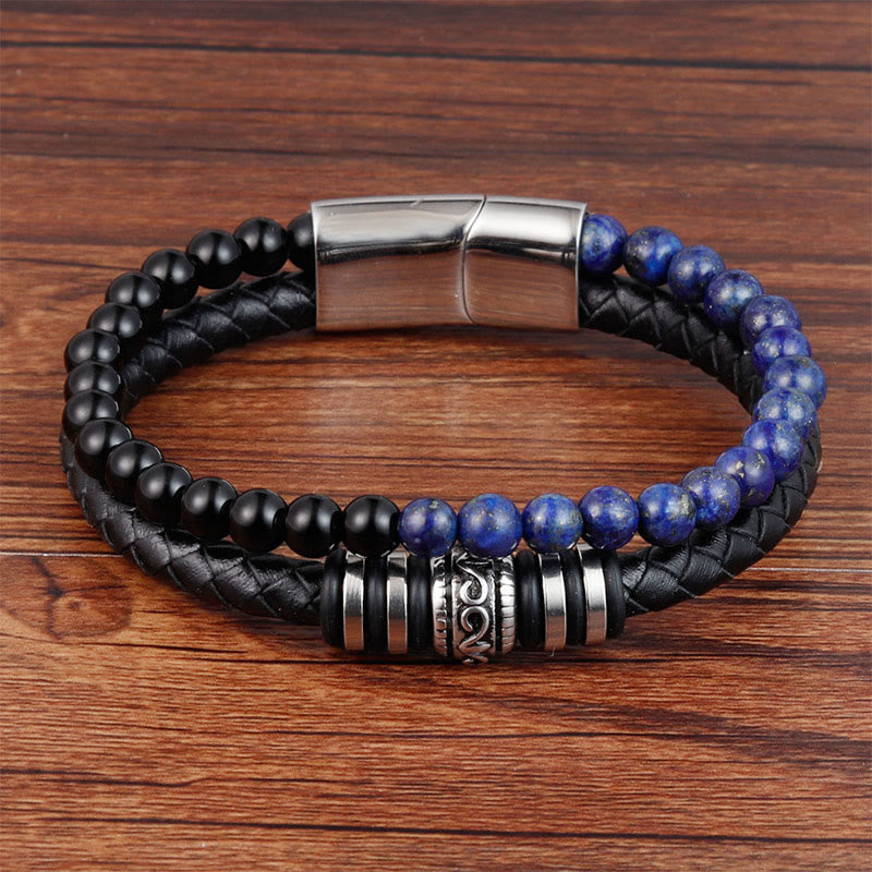 Buddha Stones, Schwarzer Onyx, Lazurit, Titanstahl, Glücks- und Ruhe-Lederarmband - Schwarzer Onyx-Lazurit (Handgelenkumfang: 18-19 cm) - image 0