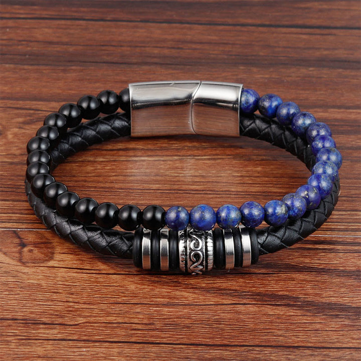 Buddha Stones, Schwarzer Onyx, Lazurit, Titanstahl, Glücks- und Ruhe-Lederarmband - Schwarzer Onyx-Lazurit (Handgelenkumfang: 18-19 cm) - image 0