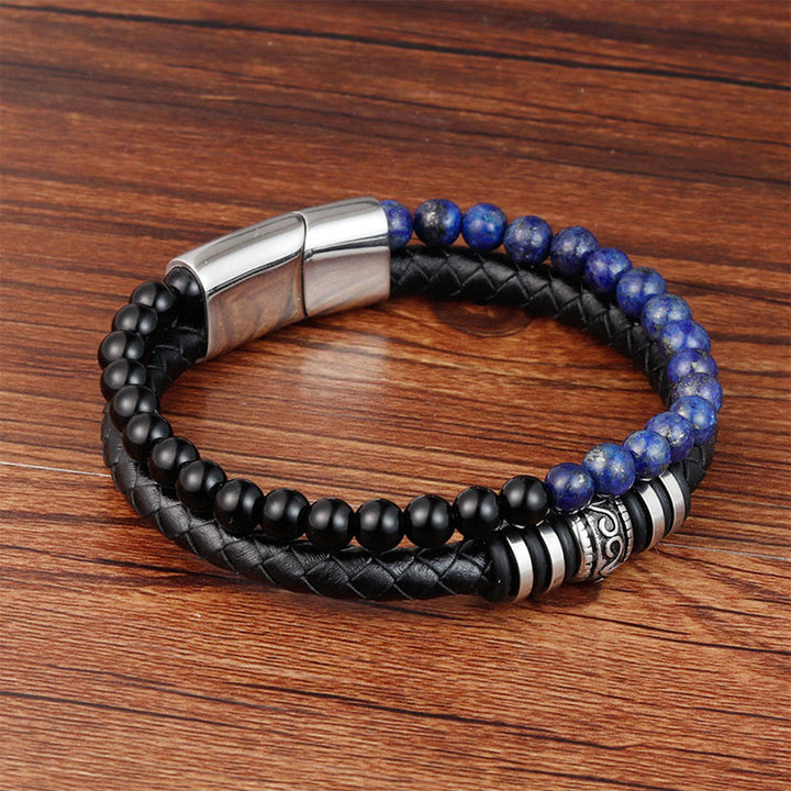 Buddha Stones, Schwarzer Onyx, Lapislazuli, Titanstahl, Glücks- und Ruhe-Lederarmband - image 1