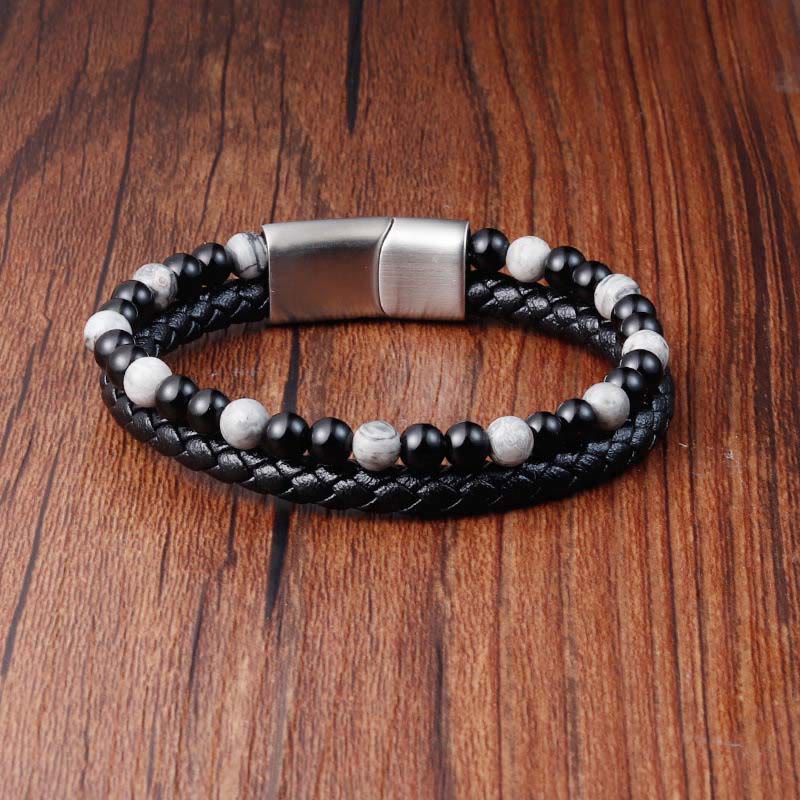 Buddha Stones, schwarzer Onyx, grauer Jaspis, Titanstahl, stabiles Lederarmband - image 1