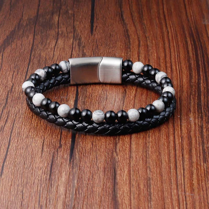 Buddha Stones, schwarzer Onyx, grauer Jaspis, Titanstahl, stabiles Lederarmband - image 1