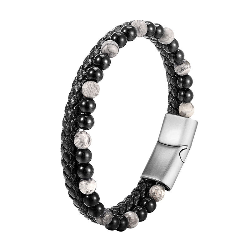 Buddha Stones, schwarzer Onyx, grauer Jaspis, Titanstahl, stabiles Lederarmband - image 9