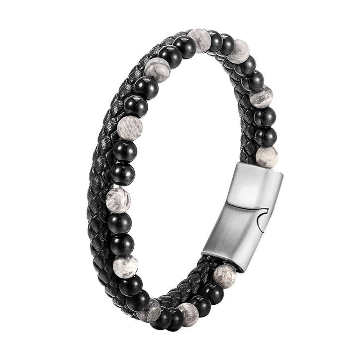 Buddha Stones, schwarzer Onyx, grauer Jaspis, Titanstahl, stabiles Lederarmband - image 9
