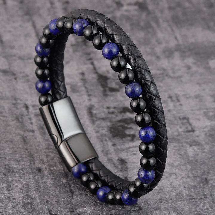 Buddha Stones, Schwarzer Onyx, Lapislazuli, Titanstahl, Armband aus Leder für positive Selbstfürsorge - Schwarzer Onyx-Lazurit (Handgelenkumfang: 18-19 cm) - image 0