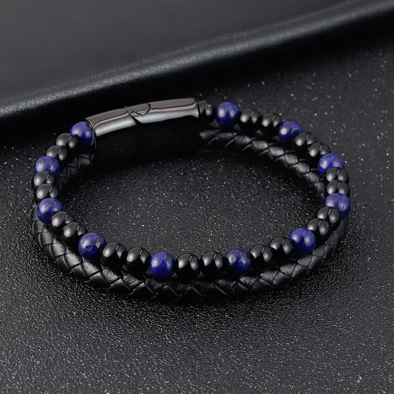 Buddha Stones, Schwarzer Onyx, Lapislazurit, Titanstahl, Armband aus Leder für positive Selbstfürsorge - image 3